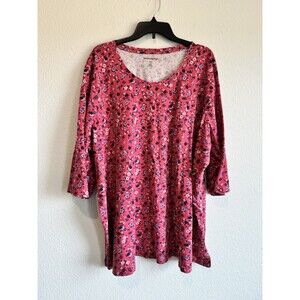 Woman Within Pink Floral 3/4 Sleeve Round Neck Pullover T Shirt Cotton 3X
